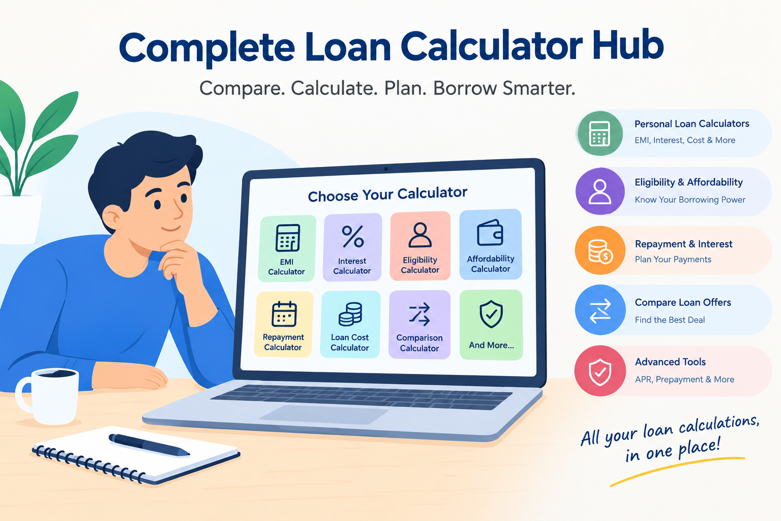 Complete Loan Calculator Hub to calculate personal loan EMIs, compare interest rates, check loan eligibility, estimate affordability, understand repayment costs, and plan smarter borrowing with Vizzve Financial.